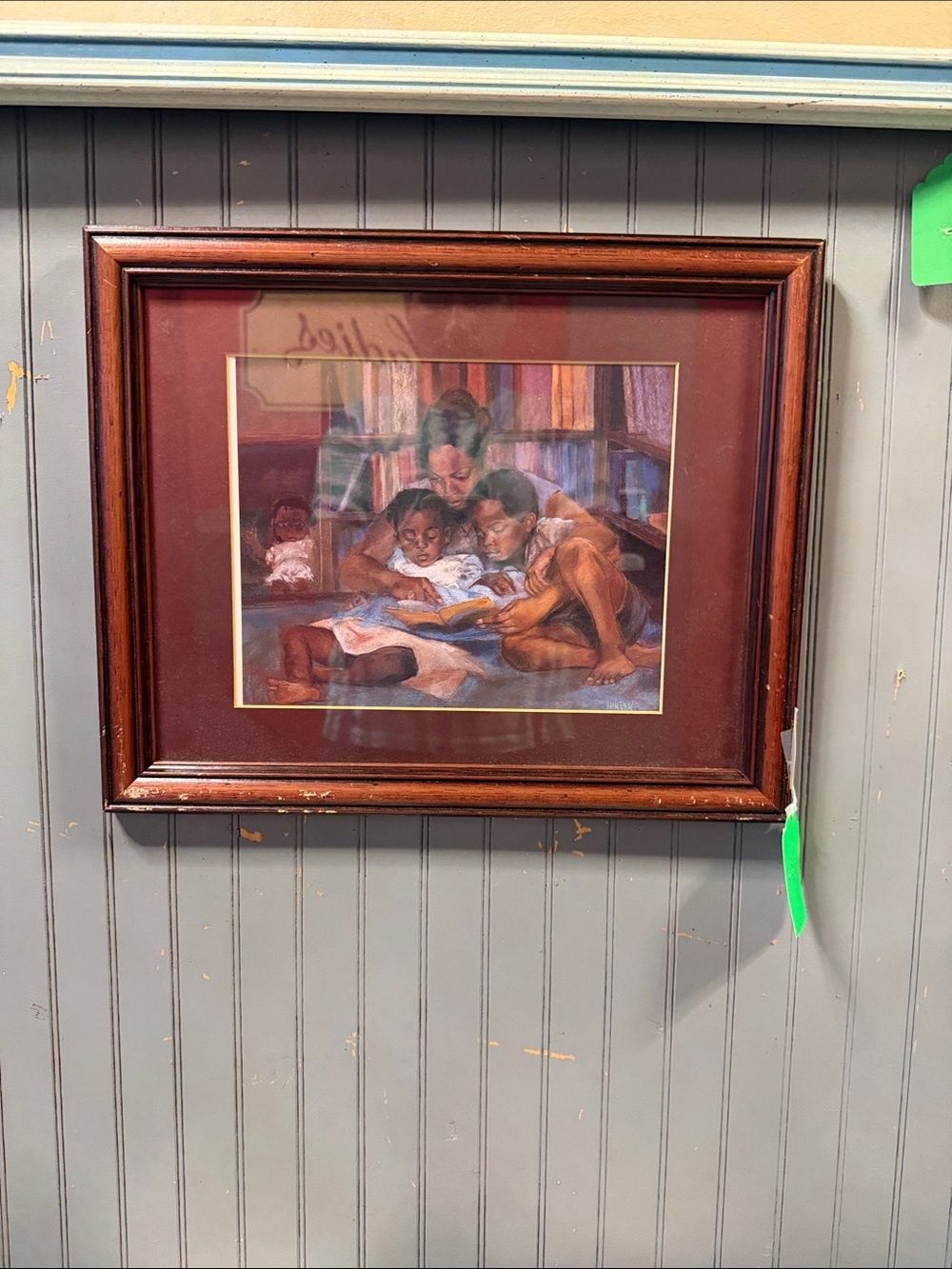 Framed Family Reading Art Print in Brown and Maroon